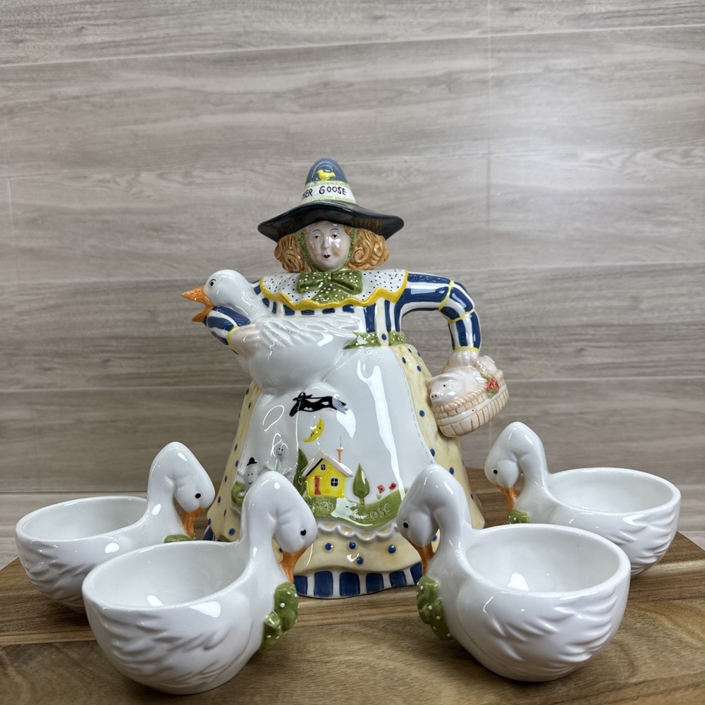 Dept 56 Retired Storybook Mother Goose Hand Painted Ceramic Tea Set Teapot 4 Cup